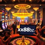 Thrilling casino action featuring players at poker and slot machines with xx88 bz interface highlighted.