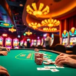 F8bet poker players concentrating at a vibrant casino table, chips and cards in play.