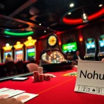 Players enjoy a thrilling poker game at Nohu90's casino table, surrounded by vibrant slot machines.