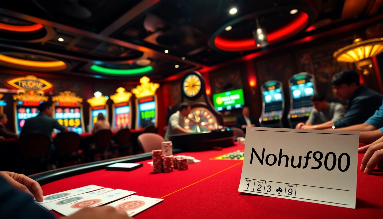 Players enjoy a thrilling poker game at Nohu90's casino table, surrounded by vibrant slot machines.