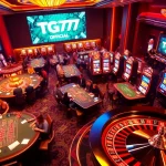 TG777 Official showcases an exhilarating casino scene with players at blackjack tables, vibrant slot machines, and roulette wheels.