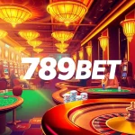 Experience the excitement of 789BET with players at poker tables and vibrant slot machines in a luxurious casino setting.