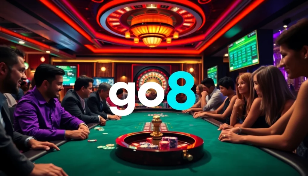 Players engage in thrilling casino games at go8-inspired tables, showcasing vibrant poker chips and excitement around the roulette wheel.